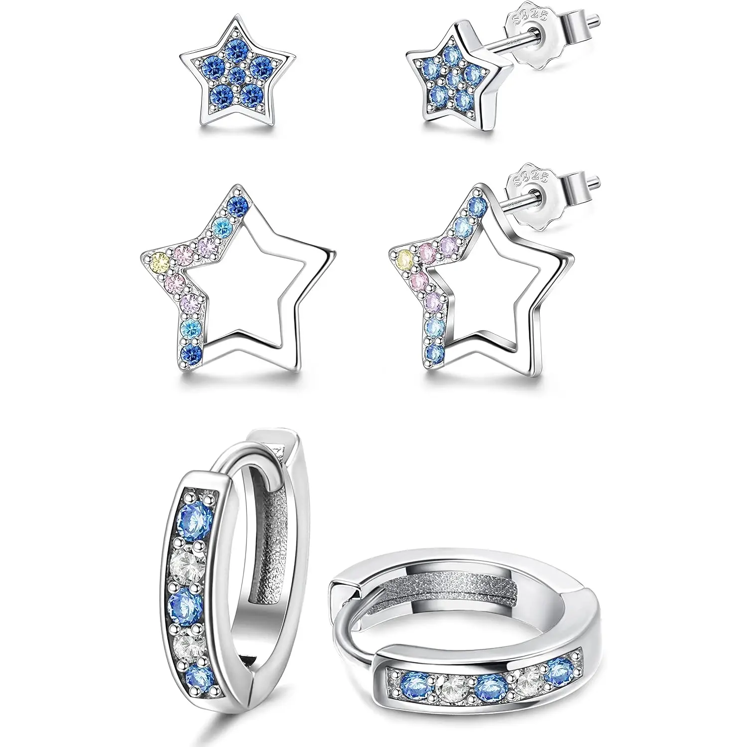 3 Pairs Multicolor CZ Star & Tiny Hoop Stud Earrings Set for Women, 925 Sterling Silver Post Hypoallergenic Stackable Multi Piercing Dainty Jewelry Birthday Gift for Her