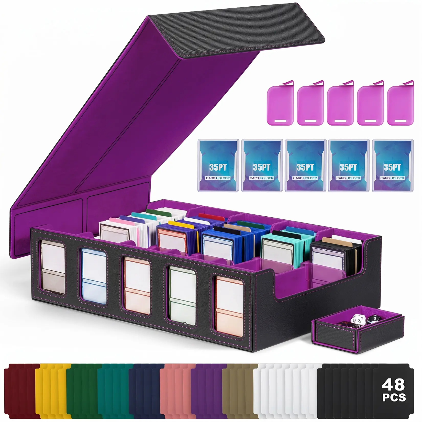 Quality PU Leather 5-Row Trading Card Display Case – Large Black Organizer with Velvet Lining – Holds Sports & Game Cards – Includes 48 Color Dividers, 5 Card Sleeves, 5 Toploaders – Collectible Storage Box
