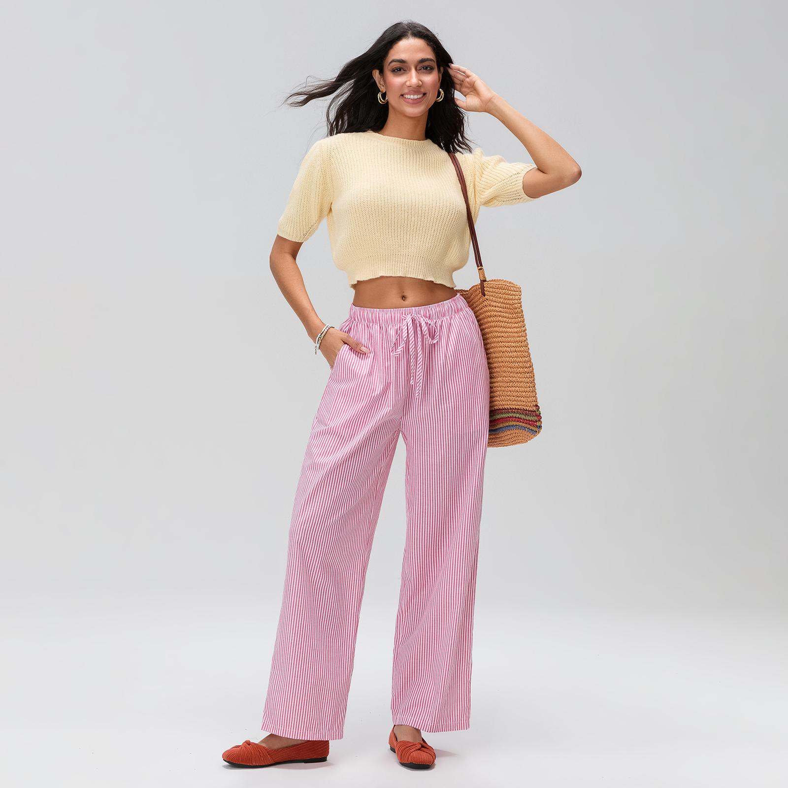 Ladies Female Women's Casual Stripe Print Pants, Drawstring Elastic Waist Loose Straight Long Pants with Pockets Womenswear Trousers Streetwear