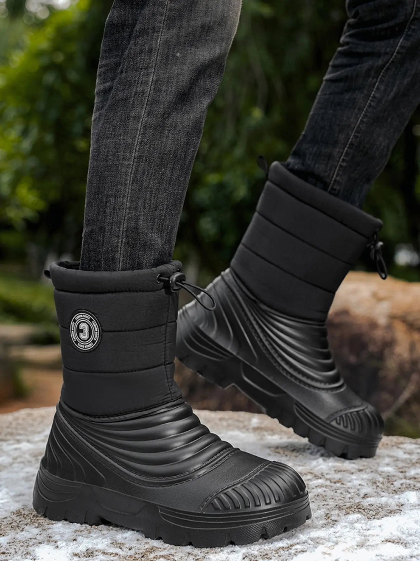 Drawstring Mid-Calf Snow Boots, Waterproof PU Leather, Eva Sole, Anti-Slip, Warm Inner Lining, Men's Winter Outdoor Skiing Shoes