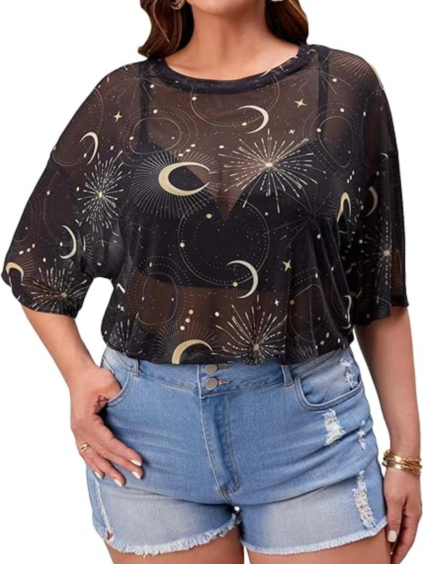 Plus Moon & Star Print Sheer Tulle Tee, Casual Comfy Top, Casual Round Neck Drop Shoulder Half Sleeve Top for Summer, Women's Clothes, Summer Outfits 2024