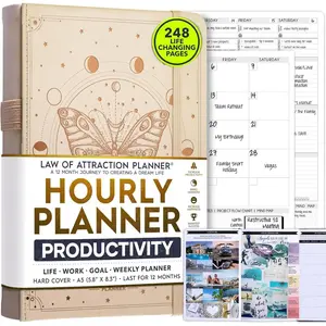 Hourly Planner - Undated Weekly & Monthly Planner, 12-Month to Increase Productivity| Gratitude Journal, Life Organizer & Goal Journal| Include Foldable Vision Board, Habit  & Sticker