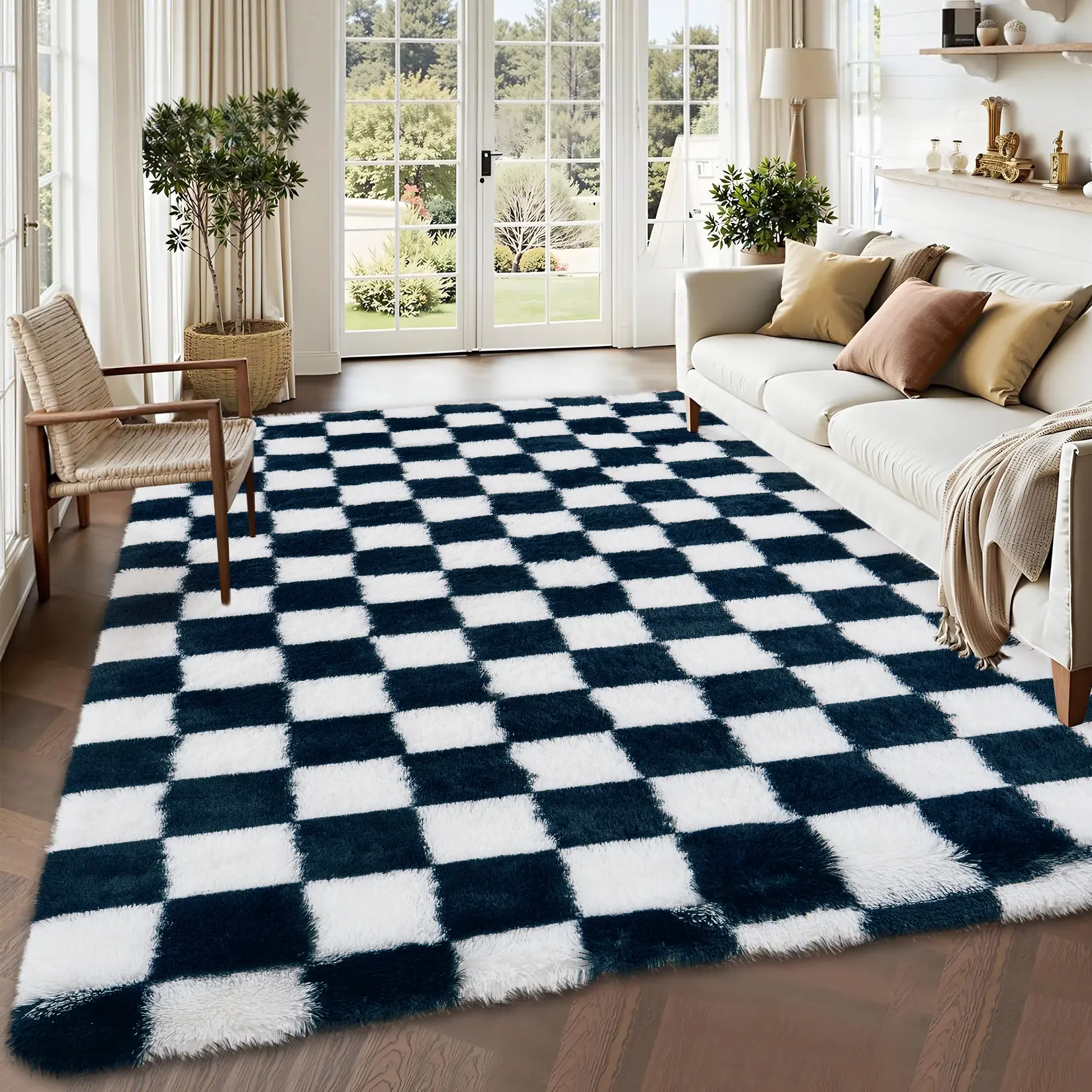 Ultra Soft Shaggy Area Rug 9x12ft - Checkered Black and White Soft Carpet - Non-Shedding Fuzzy Floor Mat for Living Room, Bedroom, Nursery, Playroom
