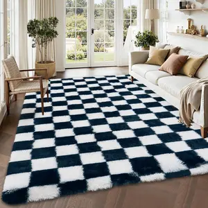 Ultra Soft Shaggy Area Rug 9x12ft - Checkered Black and White Soft Carpet - Non-Shedding Fuzzy Floor Mat for Living Room, Bedroom, Nursery, Playroom