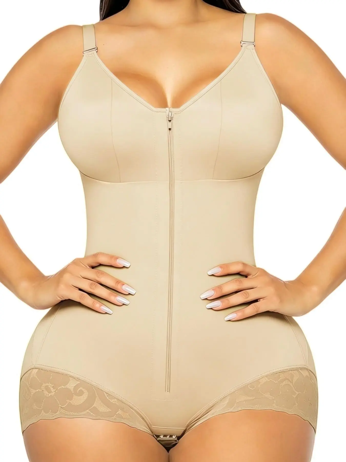 1 Pack Women's Solid Color Adjustable Strap Bodysuit, Fajas Colombianas Fit Casual Shapewear with Front Zipper and Built-In Bra, Lace-Trim Abdomen Smoothing & Butt Lifting Bodysuit, Perfect for Daily Wear and Parties, Elegant Underwear, Everyday