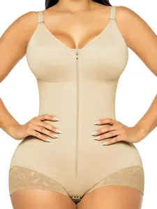 1 Pack Women's Solid Color Adjustable Strap Bodysuit, Fajas Colombianas Fit Casual Shapewear with Front Zipper and Built-In Bra, Lace-Trim Abdomen Smoothing & Butt Lifting Bodysuit, Perfect for Daily Wear and Parties, Elegant Underwear, Everyday