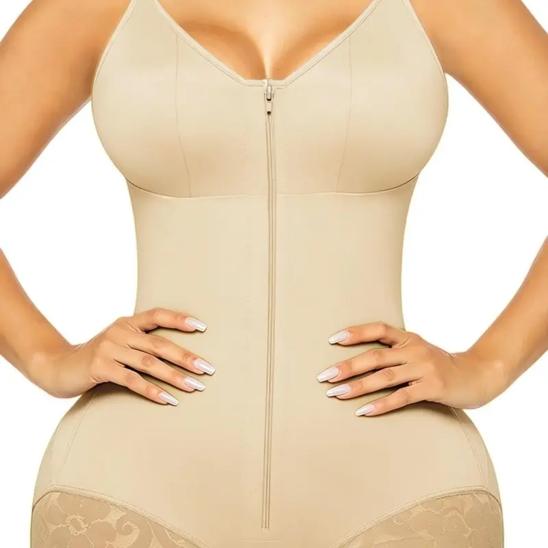 1 Pack Women's Solid Color Adjustable Strap Bodysuit, Fajas Colombianas Fit Casual Shapewear with Front Zipper and Built-In Bra, Lace-Trim Abdomen Smoothing & Butt Lifting Bodysuit, Perfect for Daily Wear and Parties, Elegant Underwear, Everyday