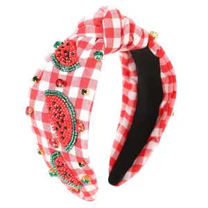 Watermelon Headbands for Women Girls Summer Fruit Embellished Headband Beaded Rhinestone Top Knot Red Plaid Hairband for Girls Cute Glitter Summer Holiday Hair Accessories