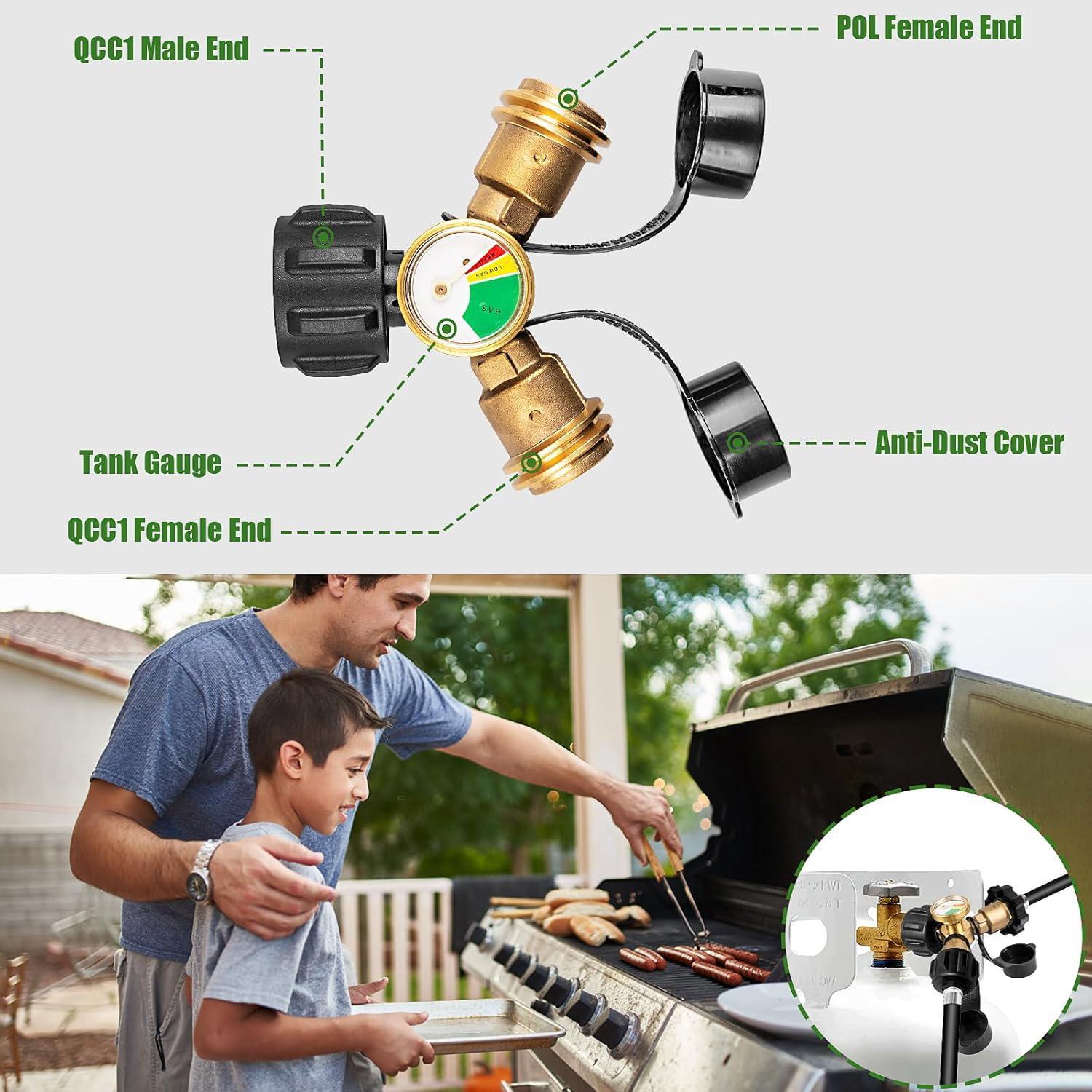 Propane Tank Y Splitter with Gauge and Shut-Off Valve, 2 Way Splitter Adapter Fitting for Gas Grills, Heaters, Camping Stoves, BBQ Griddles, Gas Burners