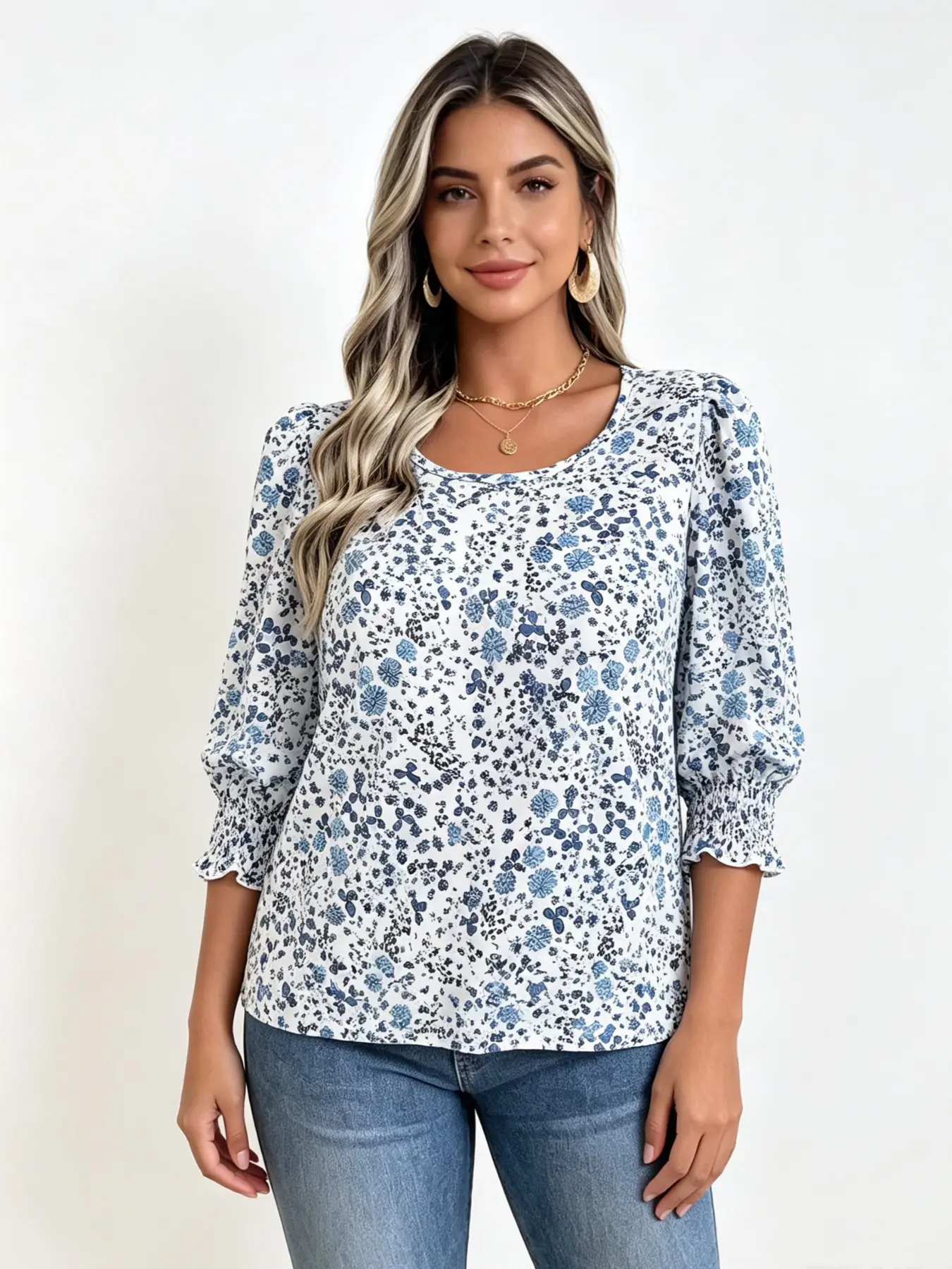 Women's Casual Round Neck Floral Print Shirt, Petite Top, Spring Summer Women's Clothing, Bohemian Style Floral Top, Fashion Lady Top, Vacation