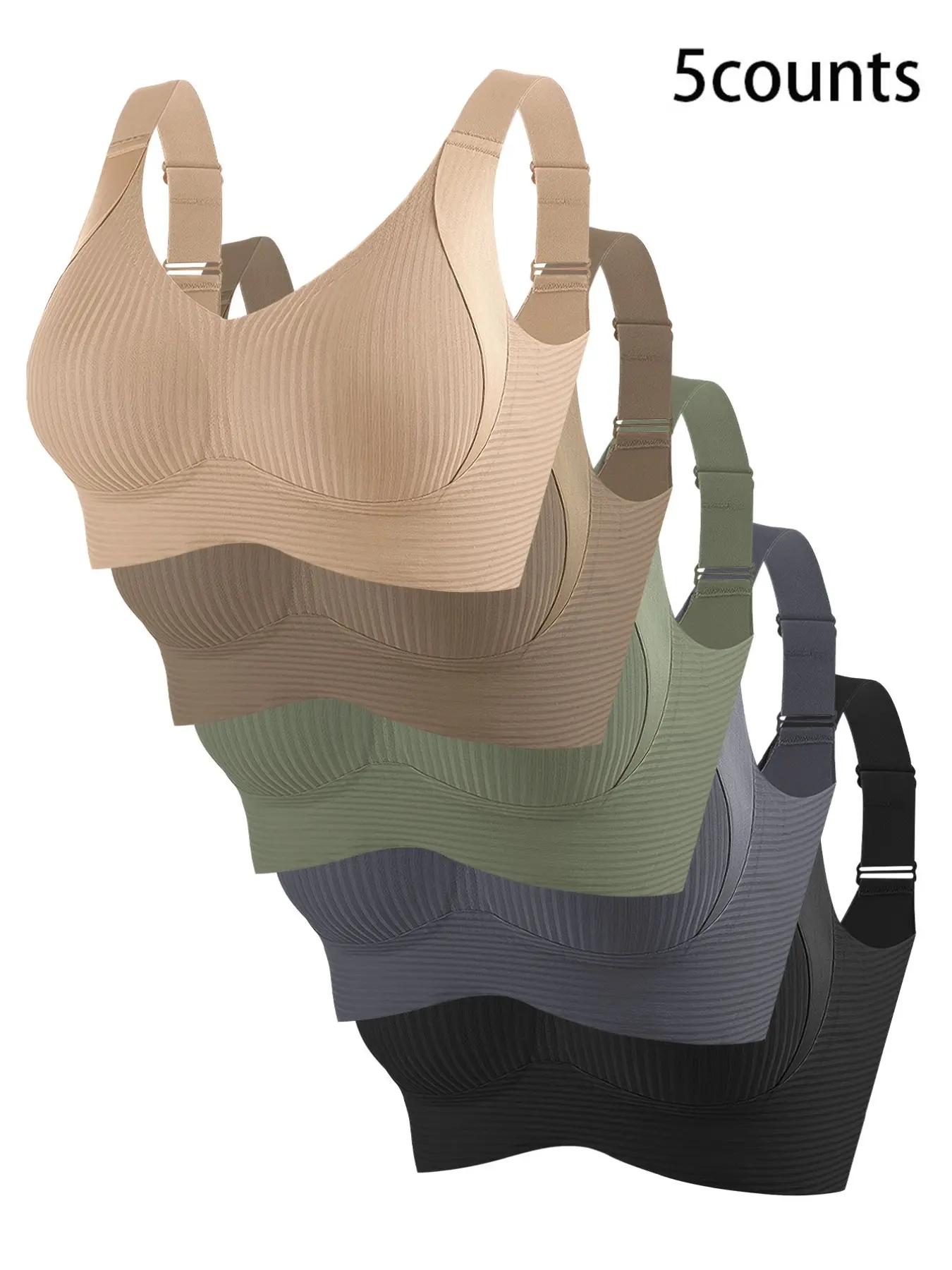 Women's Seamless Bra Underwear Set of 5, Adjustable Straps, Wireless Breathable, High Elasticity, Medium Support, Suitable for Daily Wear