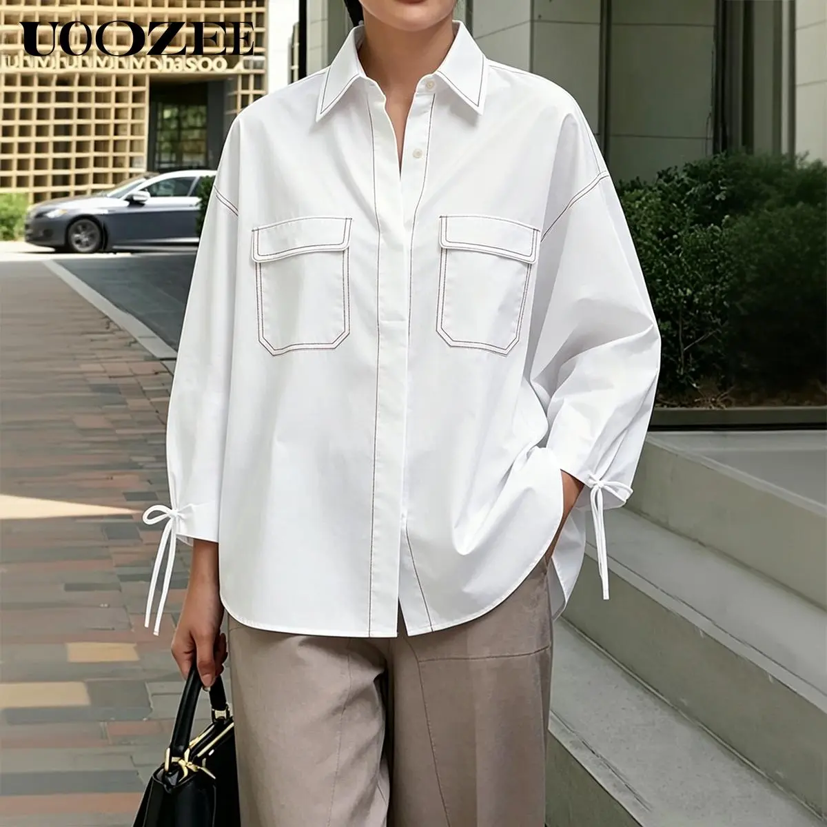UOOZEE Women's Cotton Shirt, Minimalist Lapel Button Down with 3/4 Tie Sleeve Ribbons and Contrast Stitching for Office Street Style, Vibe, Wide Leg, Pants, Trouser, Breathable, Day, Collared, Basic, Comfortable, Shirts For Women, Blazer, Office Work Clot