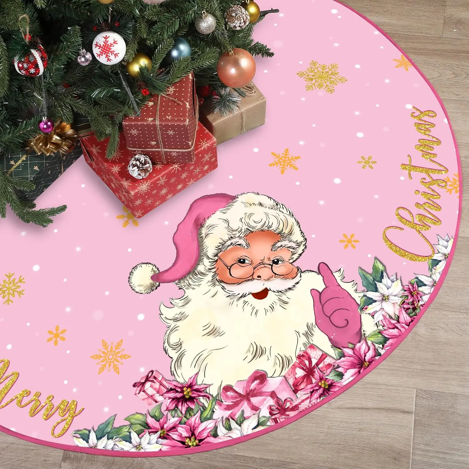 48 Inch Christmas Tree Skirt Double Layer Large Snowflake Xmas Tree Mat Decor for Winter Holiday Party Indoor Outdoor Christmas Decorations (48 Inch,Santa Claus,)