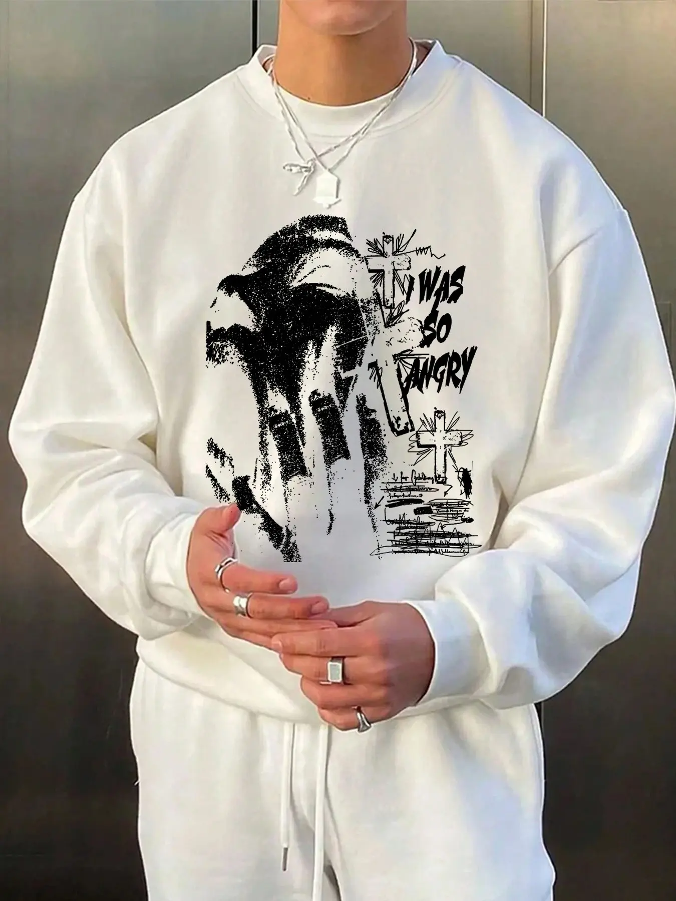 Men Oversized Crewneck Sweatshirt Grunge Gothic Distressed Angel Cross Graffiti Graphic Pullover, I Was Angry Letter Print Loose Drop Shoulder Fleece Long Sleeve Top, Y2K Streetwear Casual Outfit For Skate Concert Daily Hangout, Streetwear Crewneck Tops