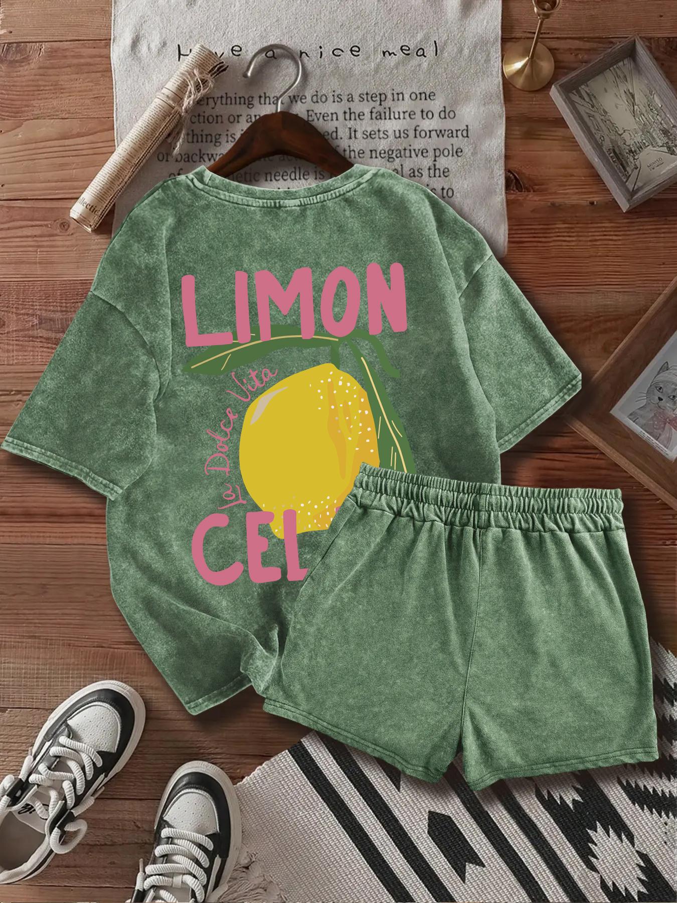 Two-Piece Set Women's Lemon Print Short Sleeve Tee & Shorts, Casual Round Neck T-shirt & Shorts, Summer Clothes for Daily Wear, Suits