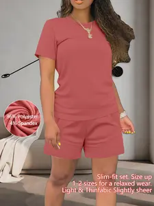 Women's Summer Casual Set, Polyester Spandex, Regular-Fit Short-Sleeve Top & Shorts, Plain Color, Comfortable for Daily Wear, Outfit