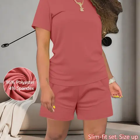 Women's Summer Casual Basic Set, Polyester Spandex Fabric, Regular-Fit Short-Sleeve Top & Shorts, Plain Color, Comfortable for Daily Wear, Outfit