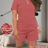 Women's Summer Casual Basic Set, Polyester Spandex Fabric, Regular-Fit Short-Sleeve Top & Shorts, Plain Color, Comfortable for Daily Wear, Outfit