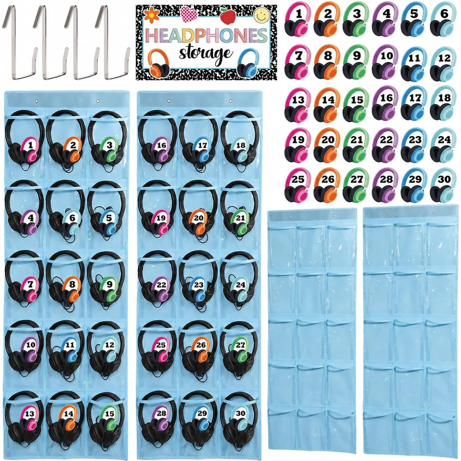 2 Pack Classroom Headphone Storage Organizer 30 Pockets PVC Clear Organizer Holder for Cell Phone Over The Door  Bag with Headphone Storage Card Digital Sticker for  to School Library(Blue)
