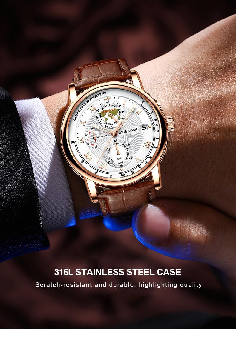 Men's Navigator high-end fashion watch: Swiss original movement, 42mm dial, leather strap, stainless steel case, waterproof luminous function, scratch and knock resistant, suitable for parties, business meetings, casual wear.