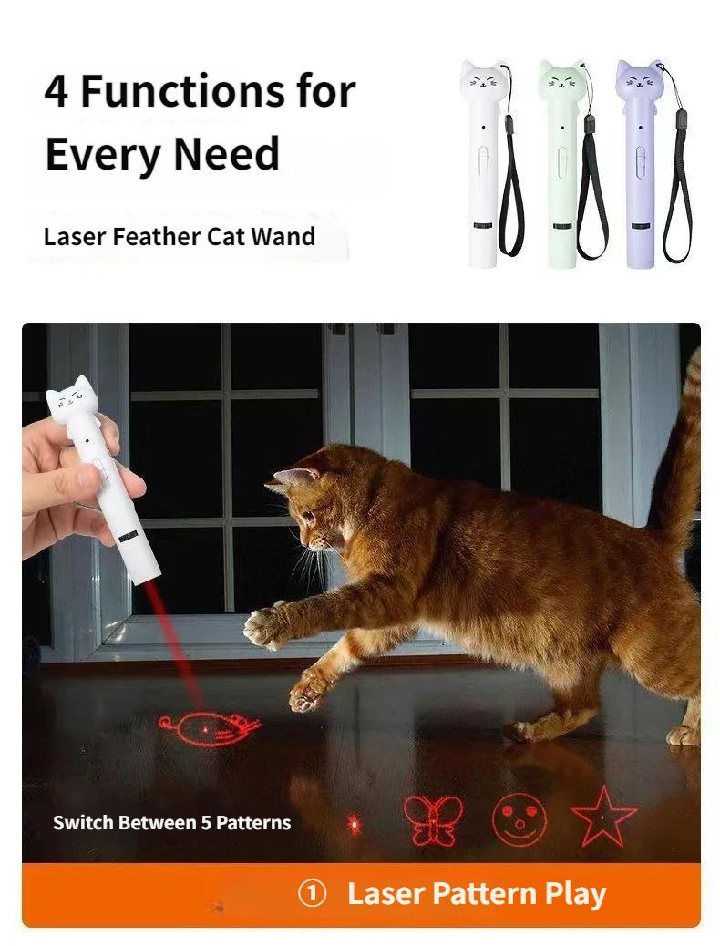 Multi-Function Cat Teaser Wand With Laser & Feather, Rechargeable Interactive Cat Toy With 5 Laser Patterns, Detachable Feather With Bell, Type-C Charging Wand For Indoor Cats, Daily Enrichment Play For Kittens & Adult Cats