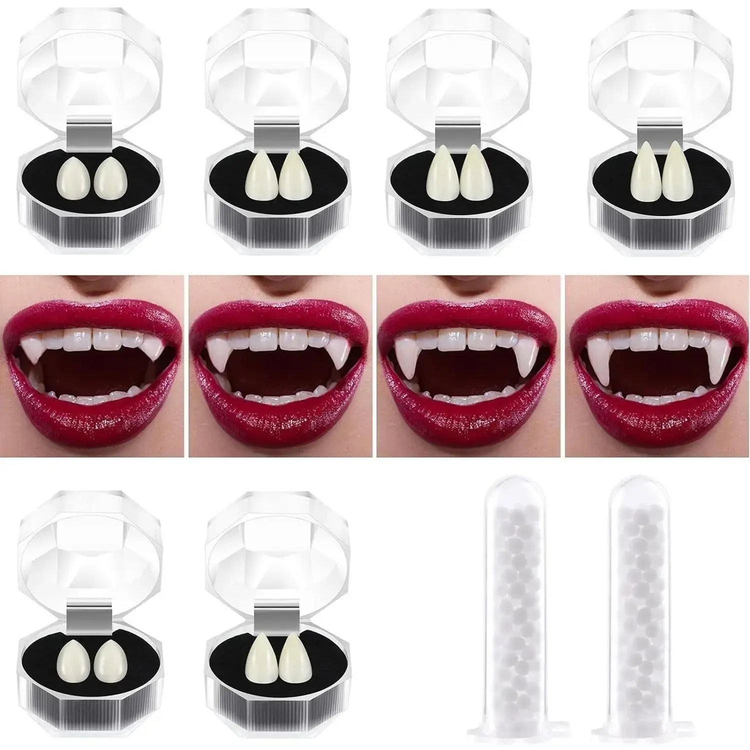 6 Pairs Resin Vampire Fangs Unisex Costume Accessory Party Supplies Halloween Cosplay Props Photobooth Props TikTok Viral Favor Gifts for Halloween Parties Cosplay Events and Photo Booth Activities