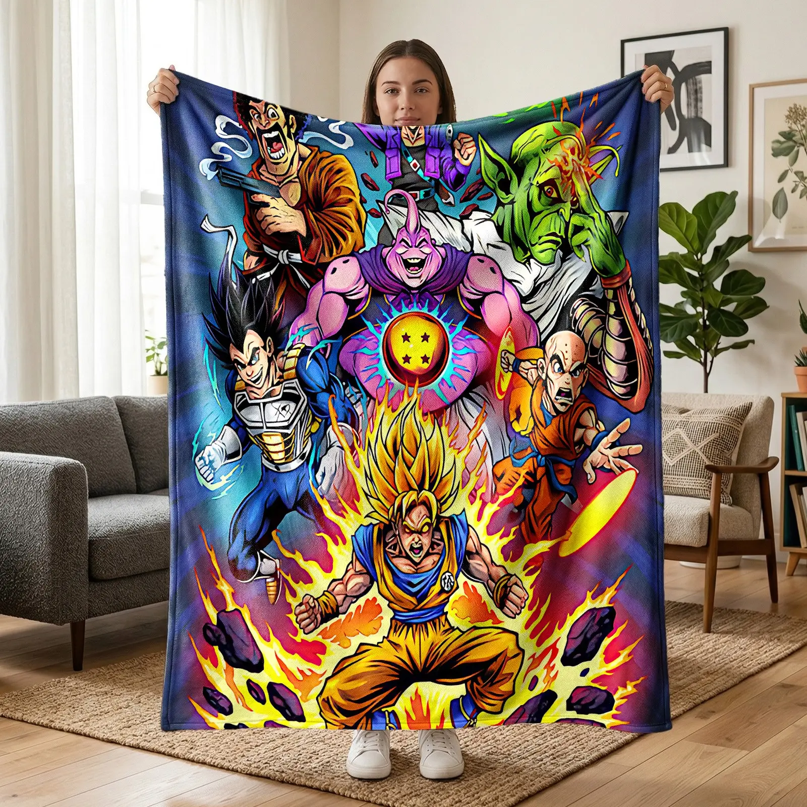 1pc Blue Purple Background Dragon Ball Classic Anime Themed Flannel Blanket, Full Print Super Saiyan Goku, Vegeta, Majin Buu, Piccolo, Krillin, Four-Star Dragon Ball, Battle Aura, Broken Rock Effects, Cute Cartoon Style. Soft Warm Cozy Nap Blanket, Suitab