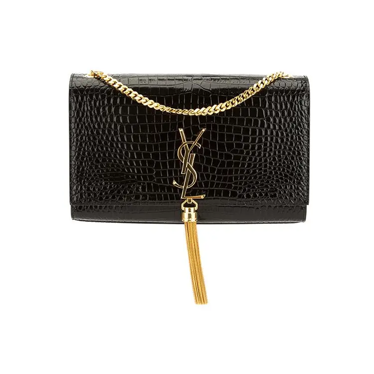Saint Laurent YSL Kate Crocodile-Embossed Chain Tassel Handbag for Women, Shiny Leather, Black