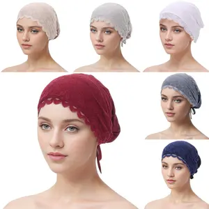 Modal Cotton Lace Under Scarf Turban Cap Women Adjustable Drawstring Hijab Base Head Wrap Bonnet for Daily Hair Cover