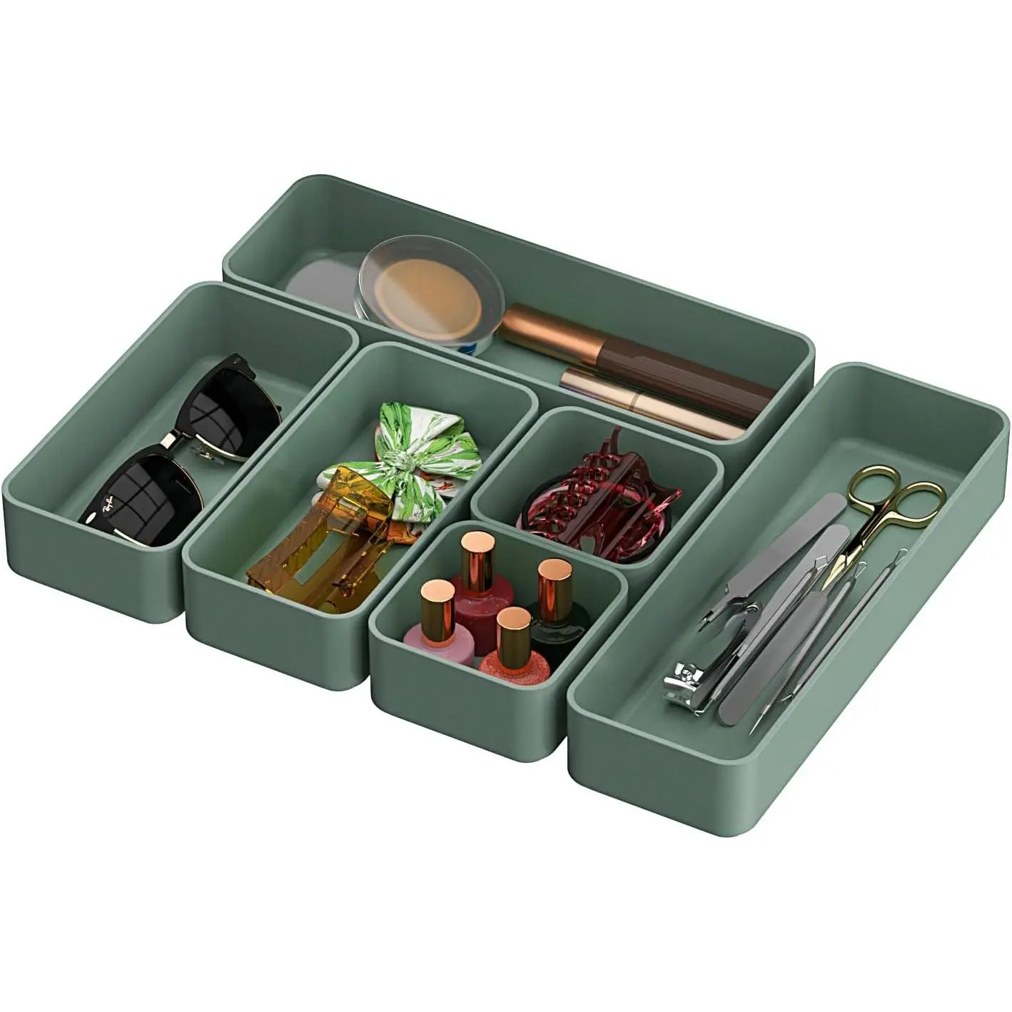 6 count Stackable Drawer Organizers Set, Versatile Desk and  Drawer Organizer Trays, Storage Bins for Makeup, Bathroom, Bedroom, Kitchen and Office, Green