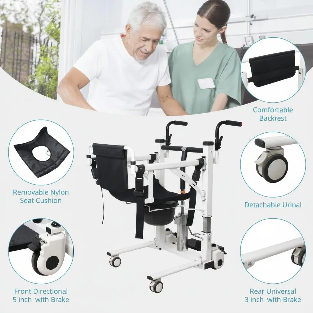 Hydraulic Patient Lift Transfer Chair – 180° Split Seat – Adjustable Height – Portable Bathroom Wheelchair with Potty – Bedside Commode for Elderly Mobility – Home Use