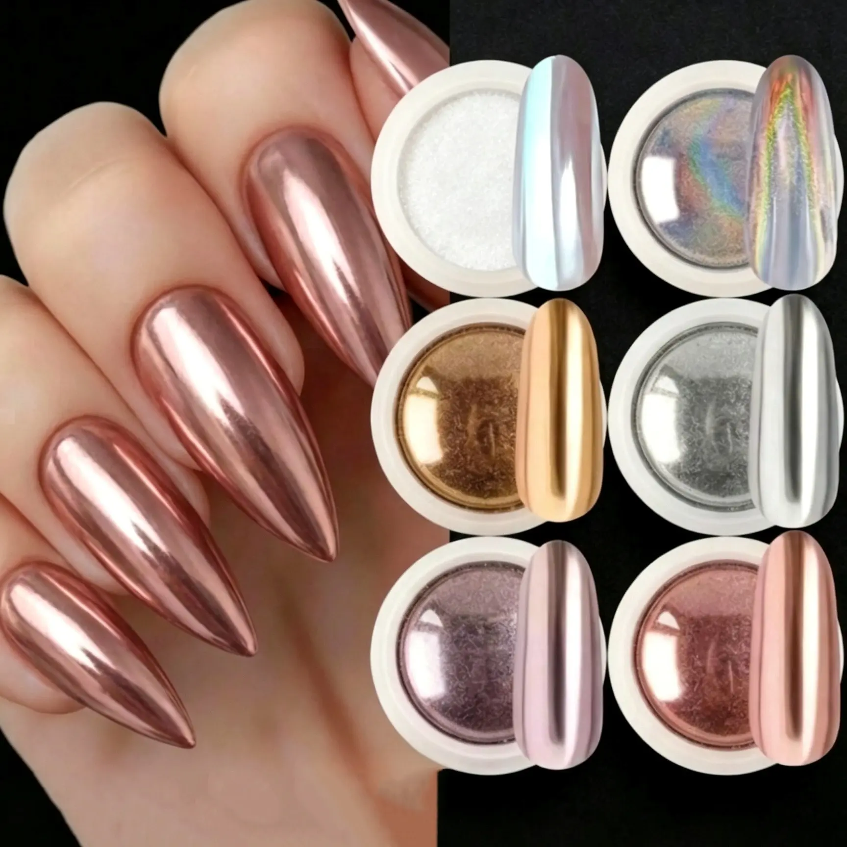 Mirror Chrome Nail Powder Holo Metallic Aurora Glitter 6-Color/Set