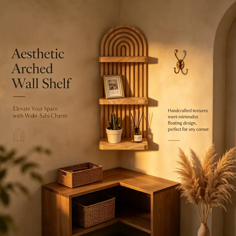 rainbow arched slat wood floating wall shelf wabi sabi natural solid wood display rack minimalist vertical wall storage for corner entryway boho home decor Wooden Shelf For Wall