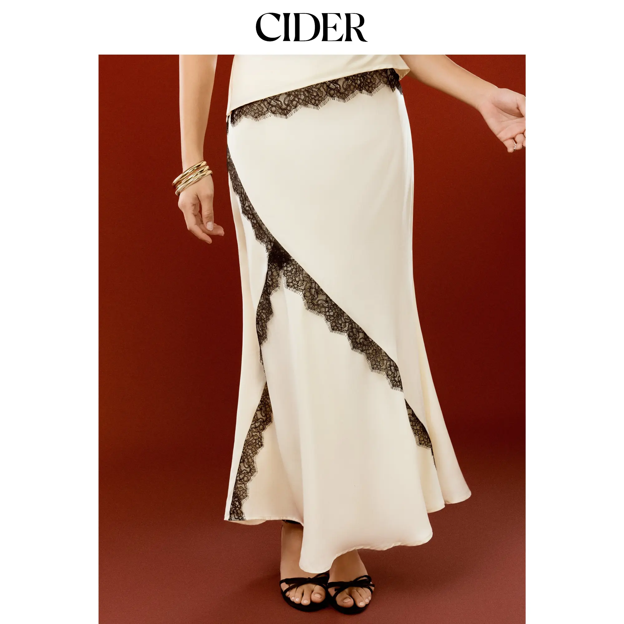 Cider Satin Mid Rise Lace Mermaid Maxi Skirt