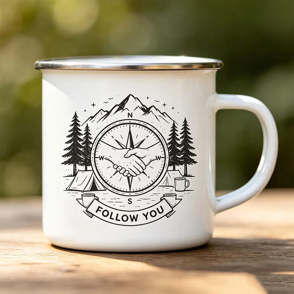Enamel Camping Mug with Metal Handle, Tent-Mountain Cat Illustration, "Home Is Where We Camp" Quote – Outdoor Adventure Gift for Hikers, Travelers