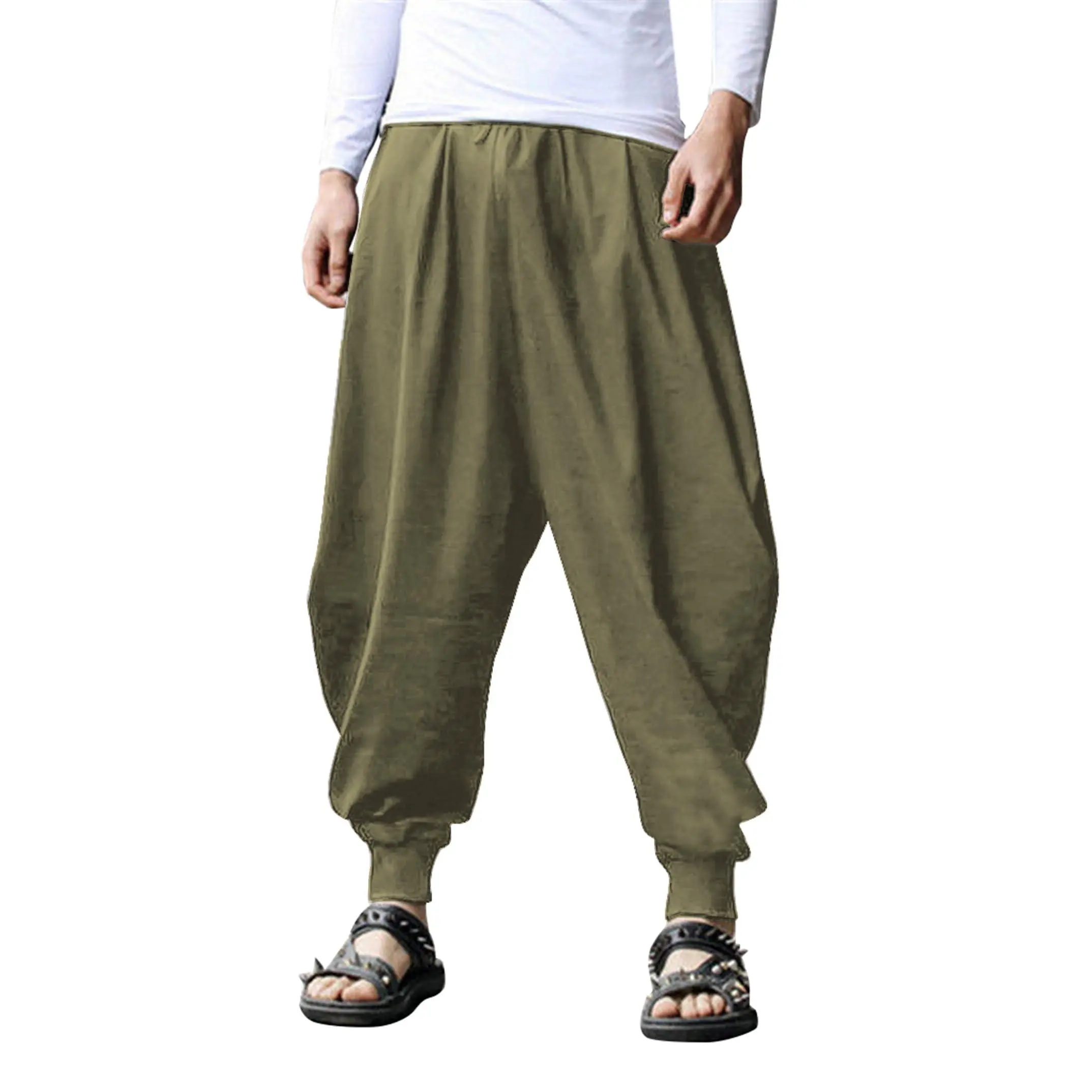 COOFANDY Men's Hippie Harem Pants - Wide Leg, Baggy Fit Linen Fabric Boho Yoga Casual Drop-Crotch Trousers, Cotton-Elastic Menswear for Casual Wear (Pair with Sneakers)