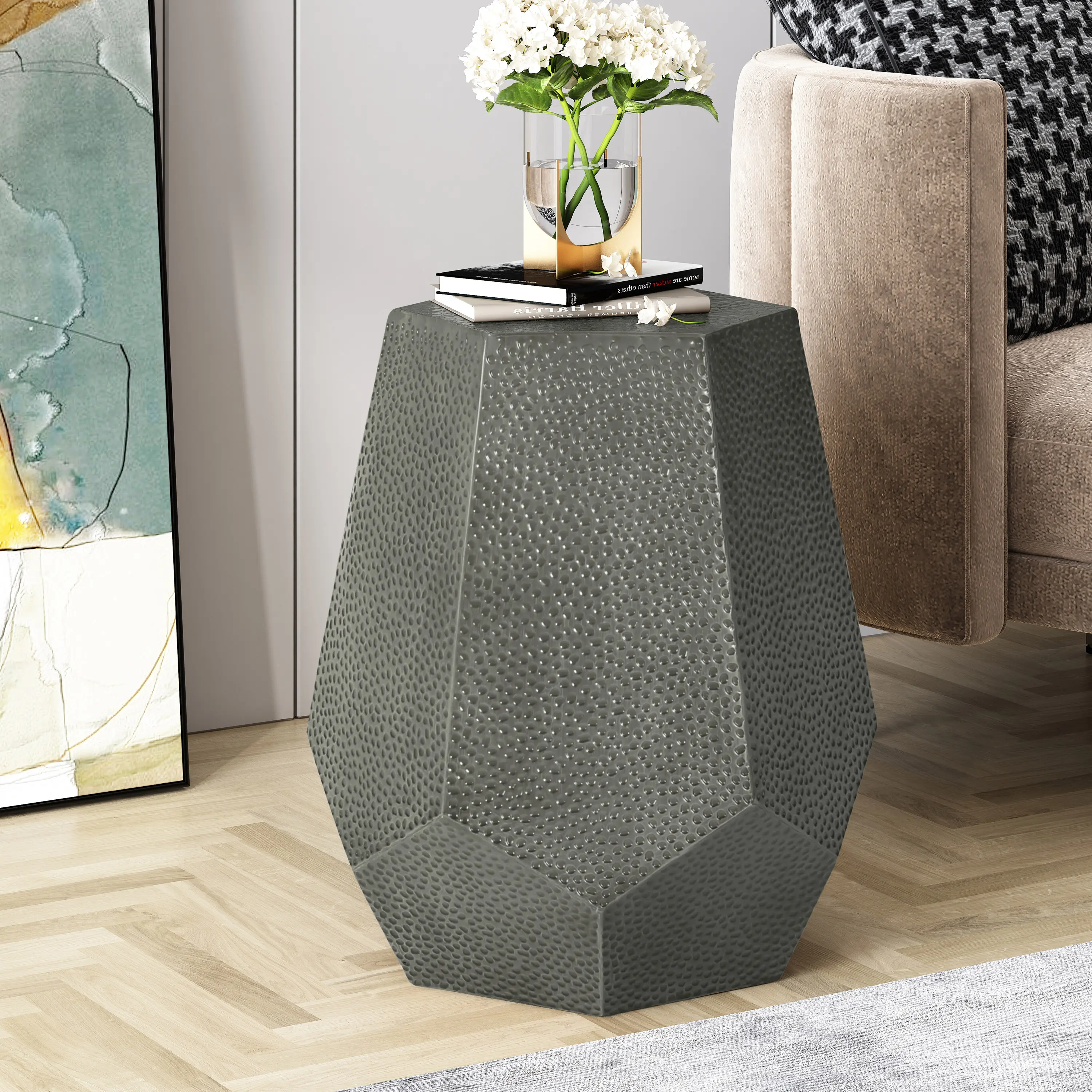 Nokaa Metal Hammered End Table for Living Room, Hexagonal Side Table with Antique Silver Finish, Sturdy Iron Accent Table for Sofa, Bedside, Entryway, Ready to Use, Single Box