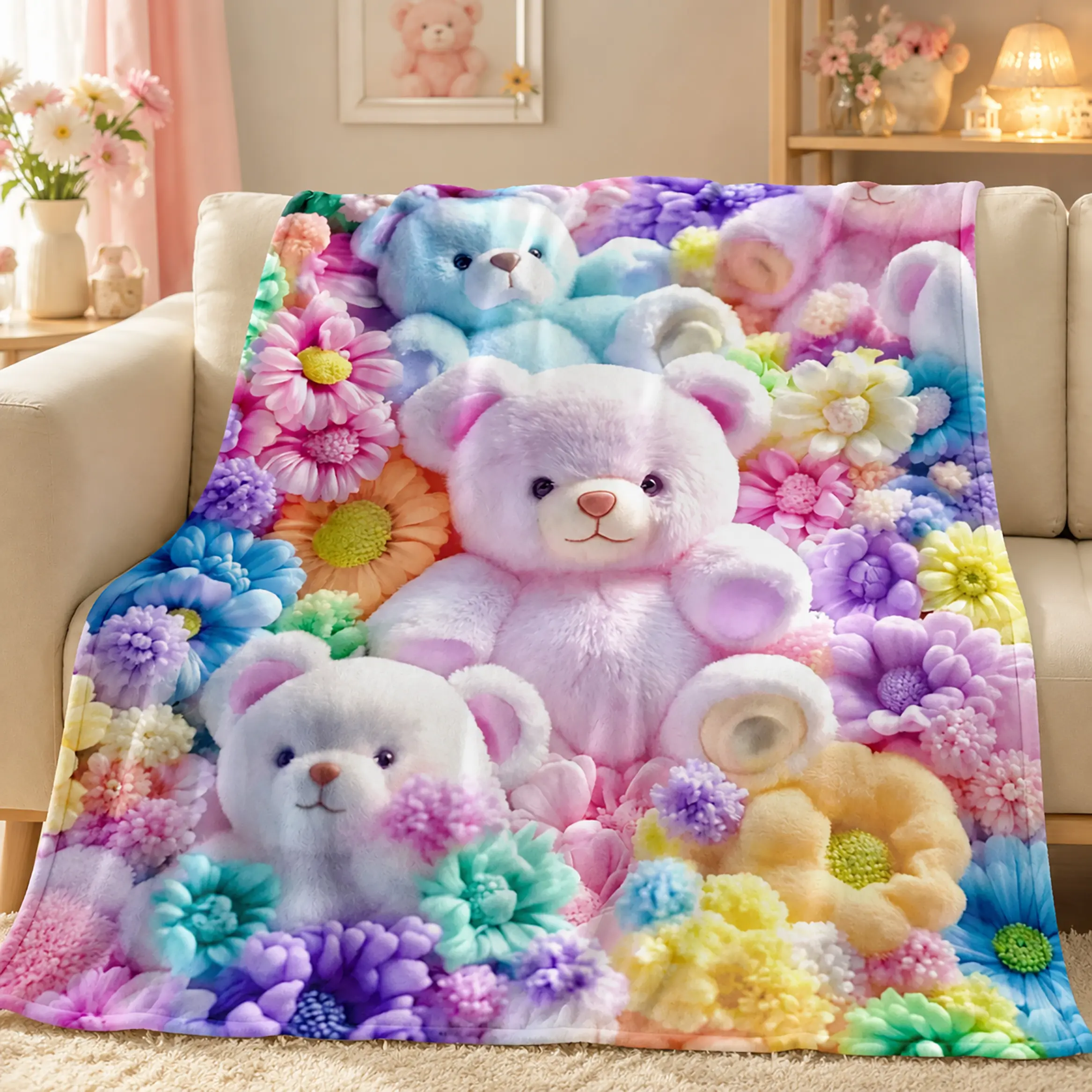 Teddy Pastel Floral Print Throw Blanket Kawaii Plush Super Soft Cozy Throw Bedroom Blanket and Gift Item Lightweight Fannel Blanket for Sofa Couch Dorm Summer Home Decor Fall Decor Back to School Birthday Christmas Gift