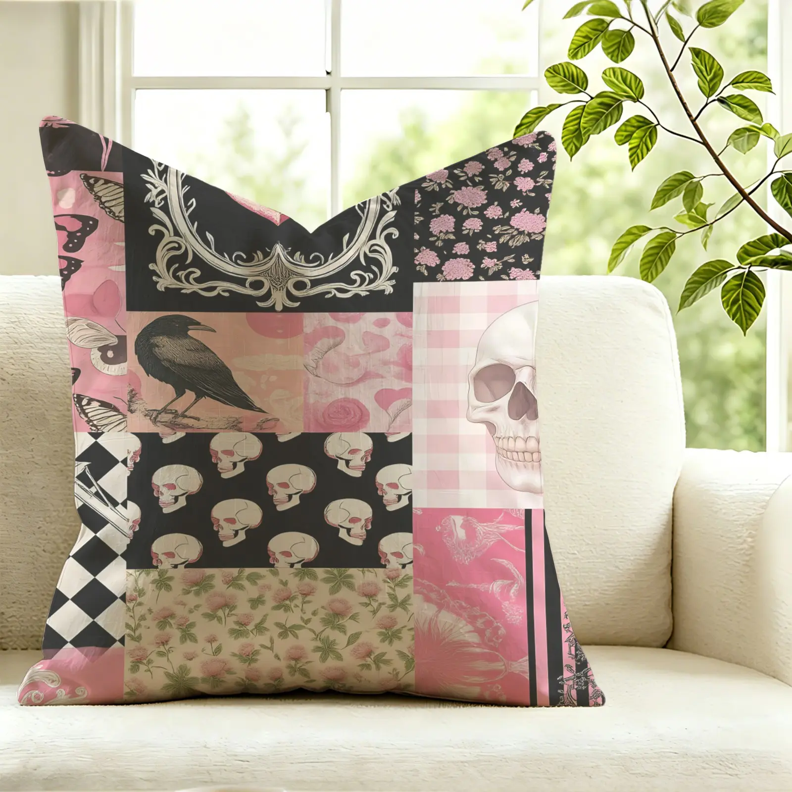 1Pc Gothic Skull Butterfly Floral Throw Pillow, Soft Decorative Cushion Accent Pillow, Includes Pillow Core, Elegant Dark Aesthetic, Perfect For Sofa, Bed, Car To Create Unique Festive Home Atmosphere