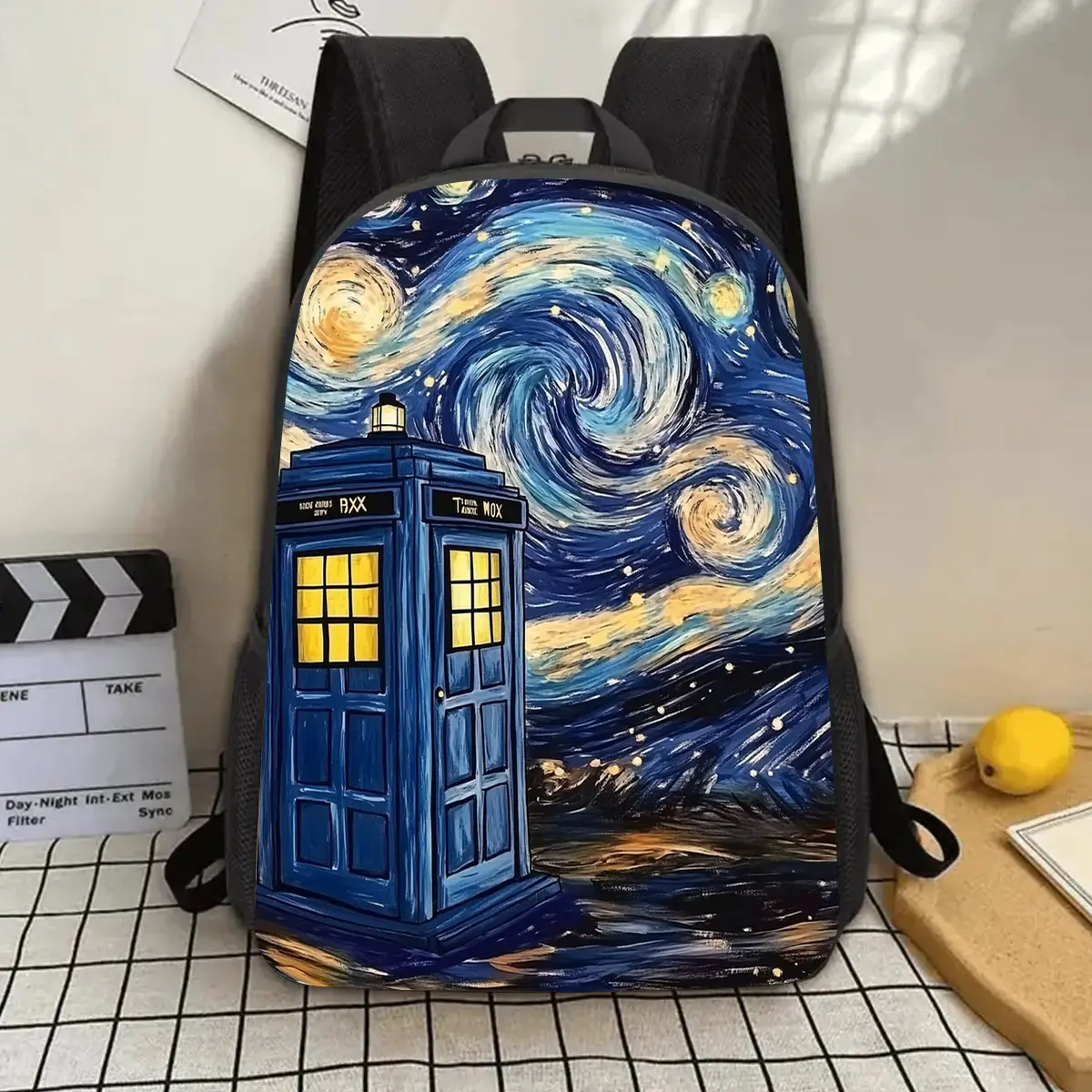 1pc TARDIS 17" Backpack - Large Capacity, Durable, Adjustable Shoulder Straps, Vibrant Cartoon Design with Blue Police Box & Swirling Stars, Perfect for School, Work, Travel, and Gifts (Mother'S Day, Father'S Day, Valentine'S Day, Thanksgiving, Christmas,