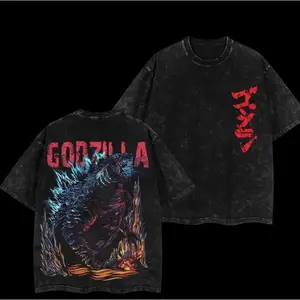 Unisex Oversized Menswear Vintage Black Washed Godzilla Short-Sleeve Round Neck T-Shirt - Front Japanese Kanji Logo, Back Full Kaiju Monster Print, Tops for Monster Fans