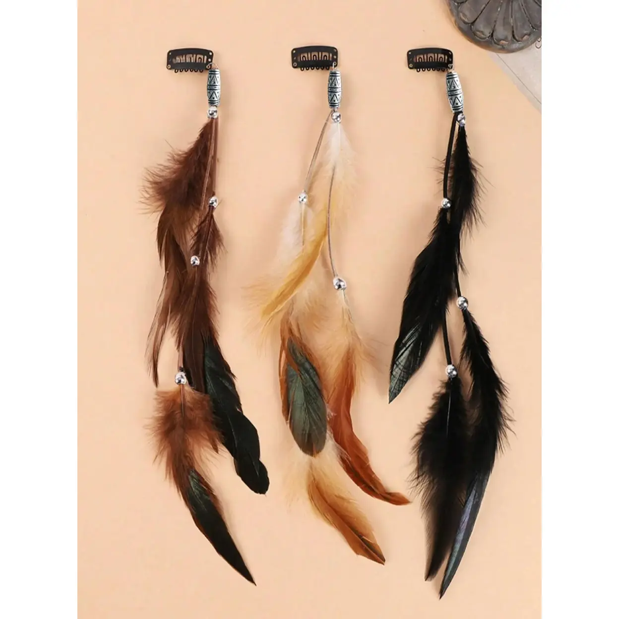 Boho Feathered Clip Set - Vintage Synthetic Feather Hair Accessories with Tassel Detail, Ethnic Look Long Headbands, Beach Wear Decor for Photoshoots & Hijab