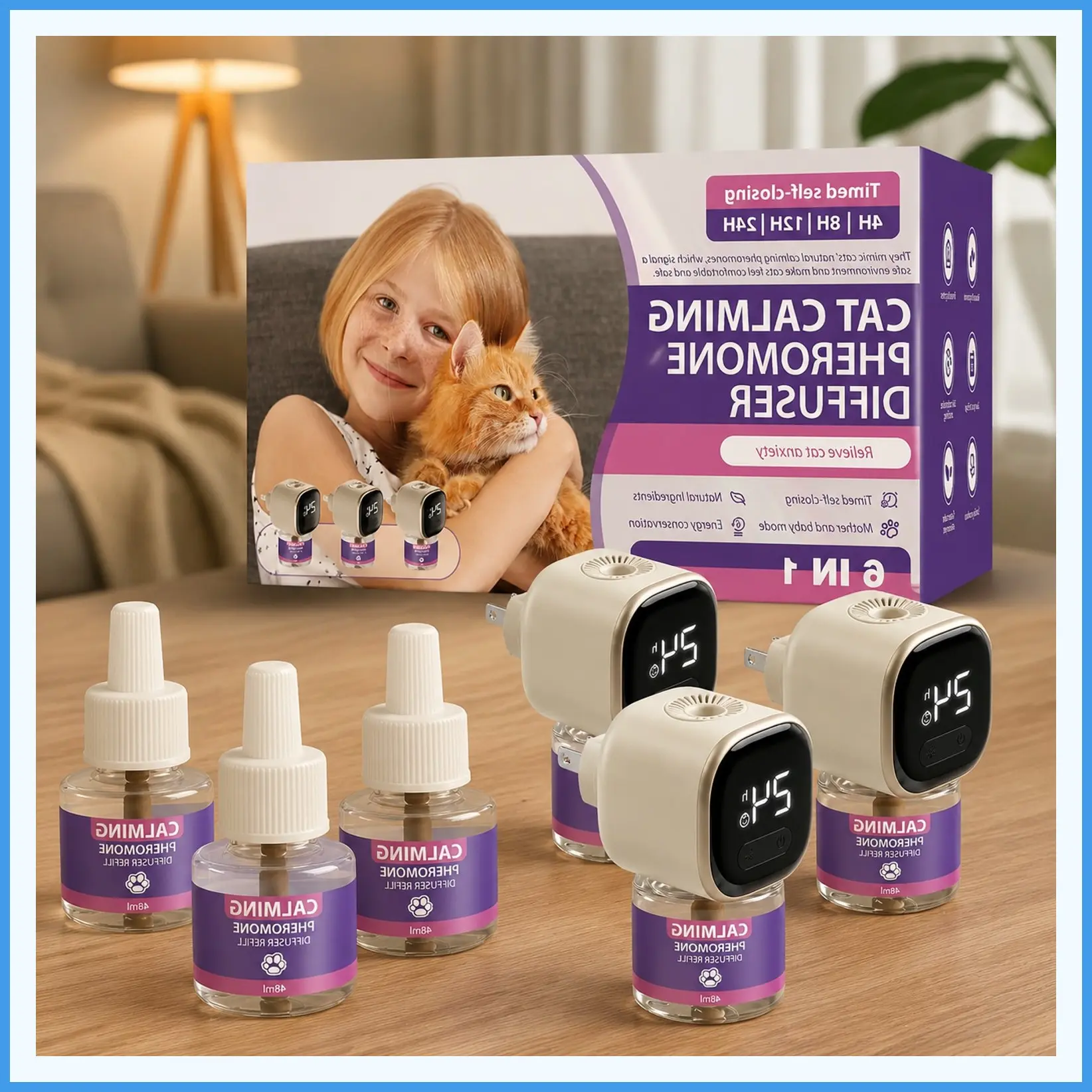 Cat Calming Diffuser Kit with Timer and Memory, Adjustable 4/8/12/24H Pheromone Diffuser 3-Pack (48ml Each), Helps Reduce Stress, Spraying, Fighting, Excessive Meowing and Scratching, Fits All Cats