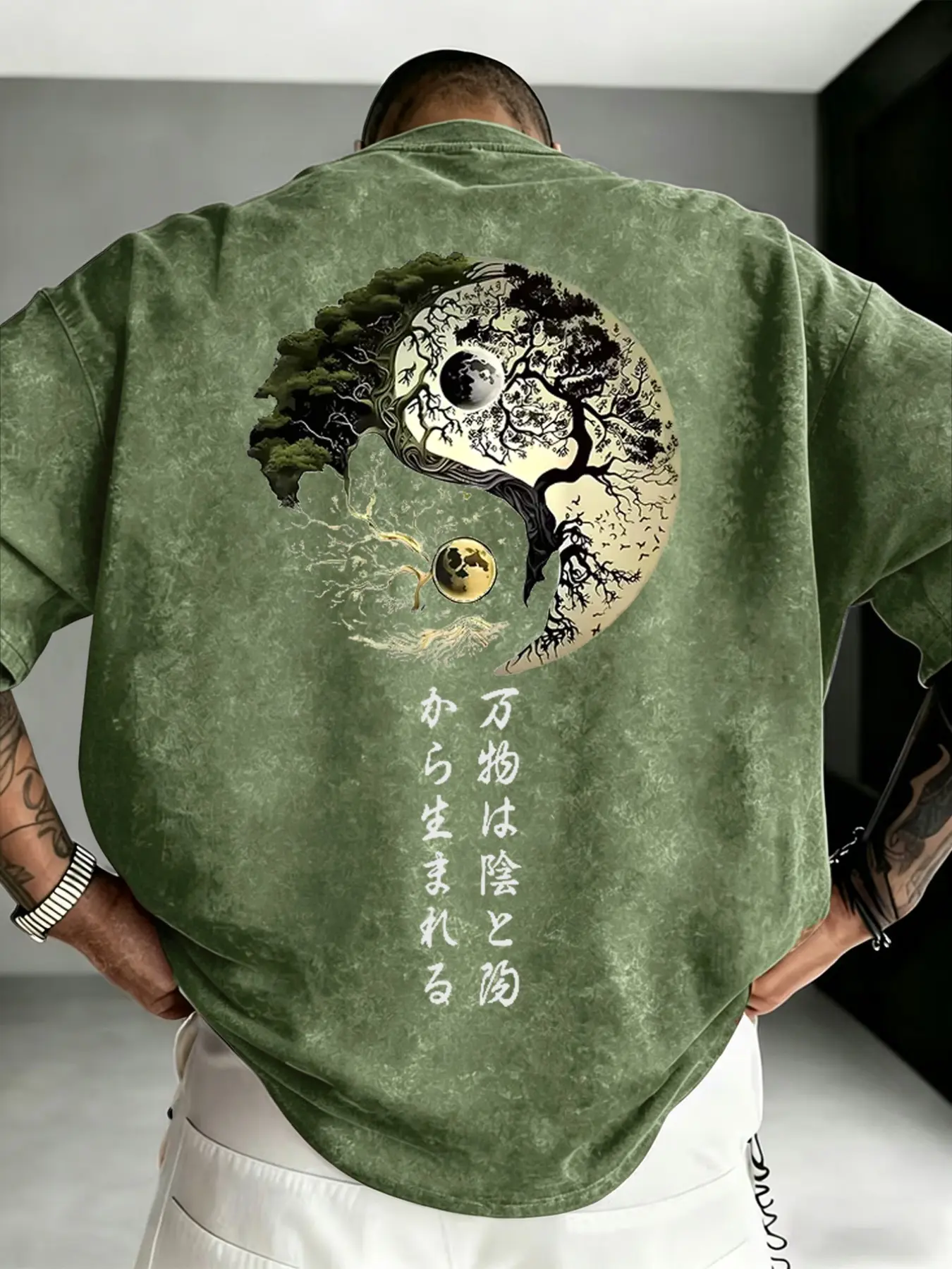 Men's Waterproof Washed Vintage Yin Yang Life Tree Japanese Calligraphy Print T-Shirt, Eastern Zen New Chinese Style, Loose Fit Fashion Top