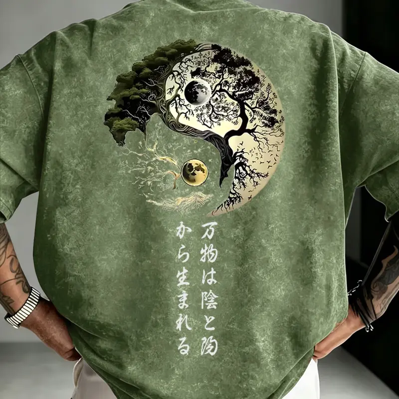 Men's Washed Vintage Yin Yang Tree of Life Calligraphy Print T-Shirt, Eastern Zen Style, Loose Fit Casual Fashion Top