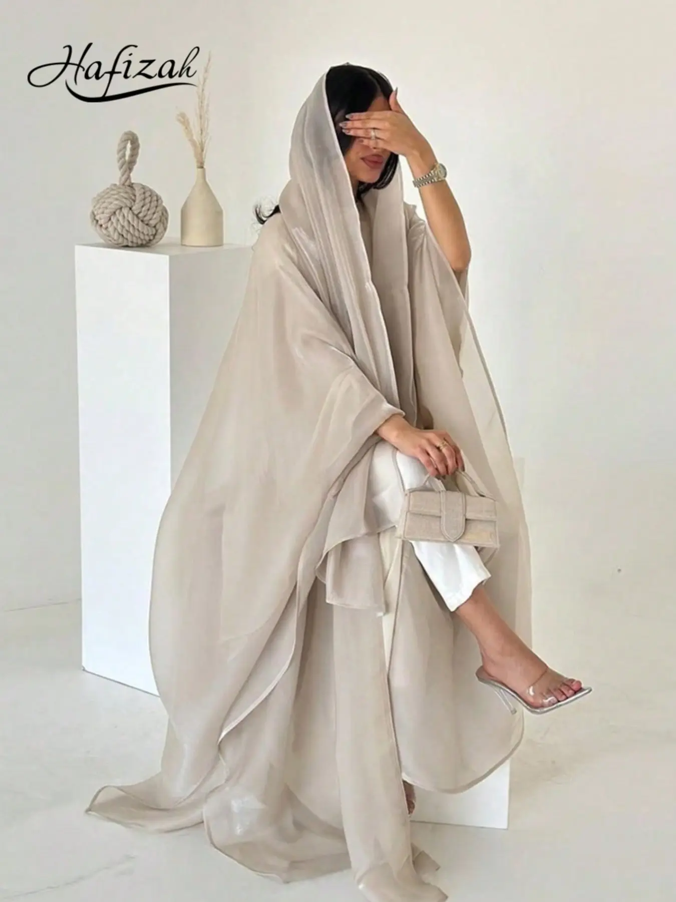 Hafizah Satin Long Casual Abaya Cardigan Set, Lightweight Sheer Loose Fit Outerwear, Plain Surface, All Seasons, Women's Fashion Two-Piece Set, Elegant Islamic Clothing, Modest Abaya