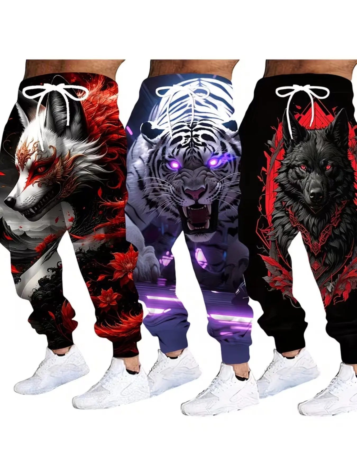 Men's 3D Wolf Fox Tiger Pattern Sweatpants, Colors, Drawstring Waist, Casual Loose-Fit Long Pants for Fall Winter