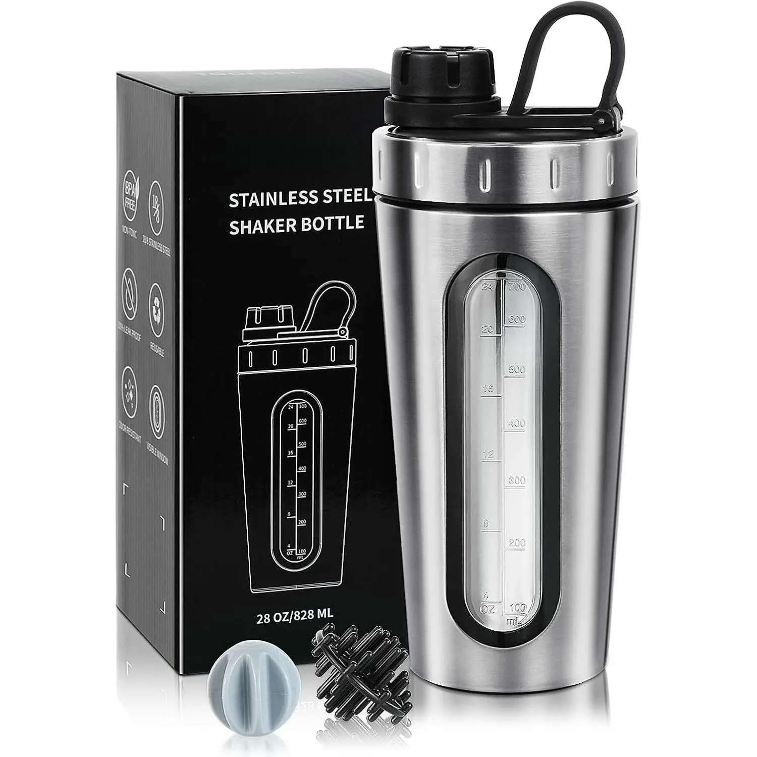 Protein powder shaker cup, stainless steel protein shaker cup, equipped with two mixing balls, does not retain heat/cold, metal shaker cup with visible window, leak-proof, BPA-free