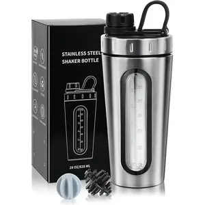 Protein powder shaker cup, stainless steel protein shaker cup, equipped with two mixing balls, does not retain heat/cold, metal shaker cup with visible window, leak-proof, BPA-free