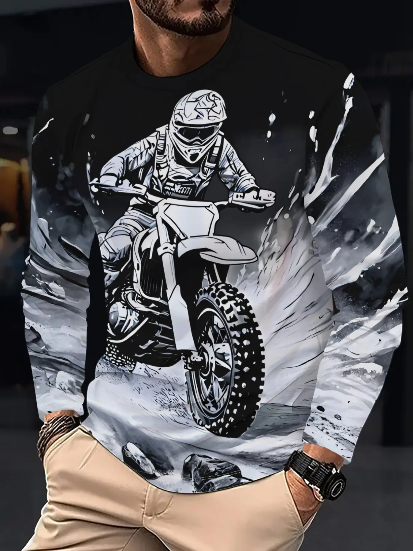 Men's Splatter Off-Road Motorcycle Rider Full Print Long Sleeve T-Shirt, Round Neck, Breathable, Casual Streetwear
